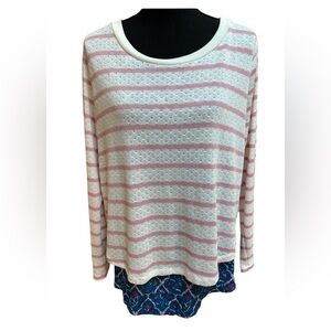 MATILDA JANE PINK & WHITE STRIPED PETAL BACK CASUAL OVERLAY KNIT TOP SIZE LG NEW